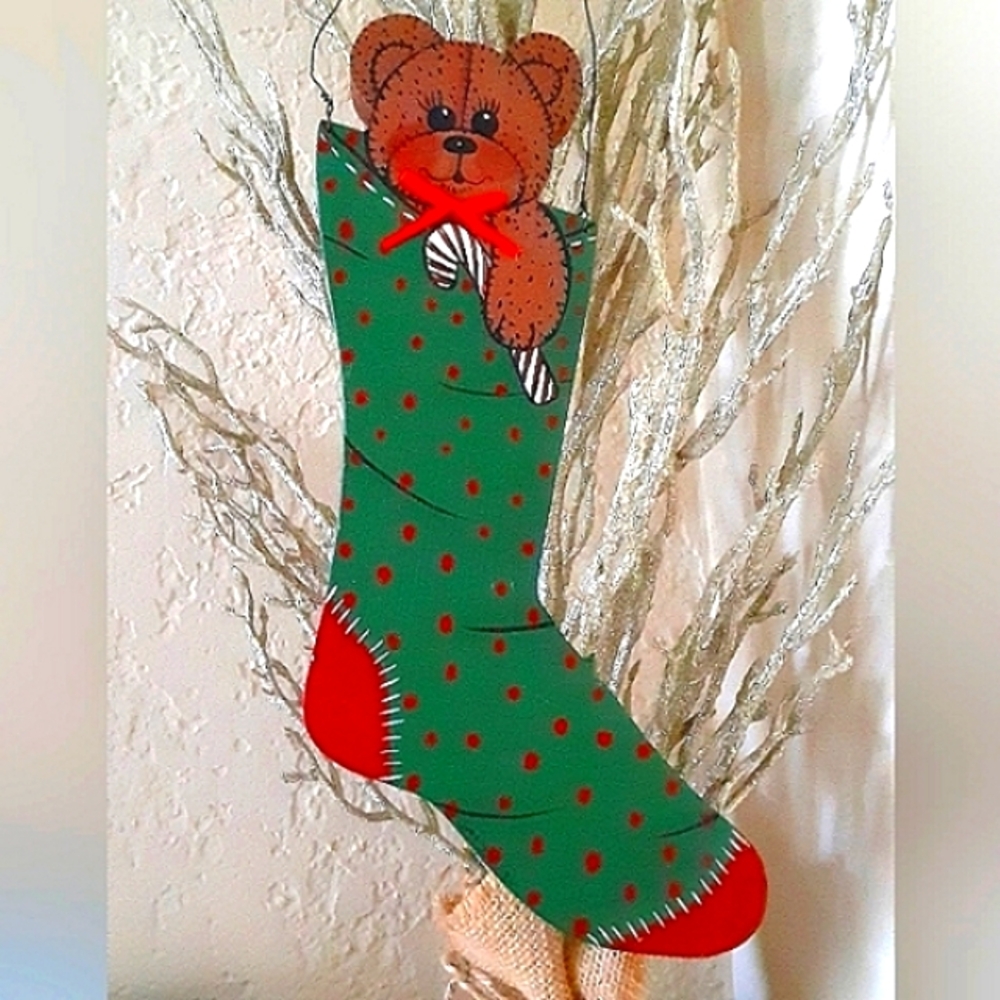 Teddy Bear in Stocking Vintage Christmas Wooden Sign Holiday decor